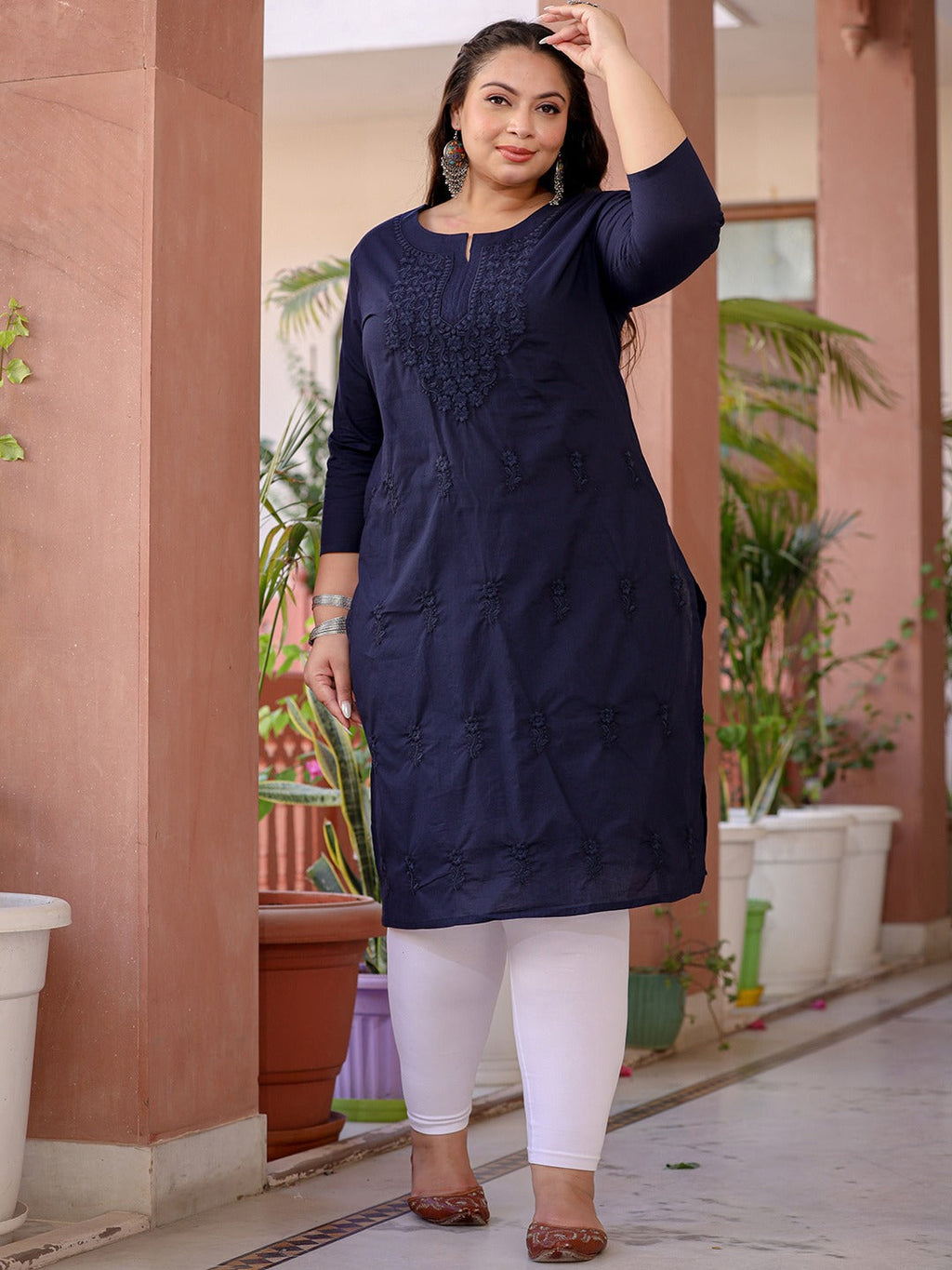 Yufta Navy Blue Floral Plus Size Chikankari Kurti Women | Grocsy
