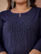 Yufta Navy Blue Floral Plus Size Chikankari Kurti Women | Grocsy
