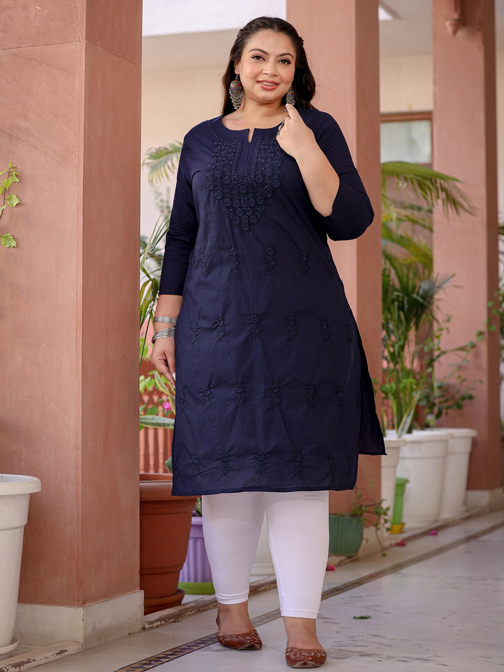 Yufta Navy Blue Floral Plus Size Chikankari Kurti Women | Grocsy