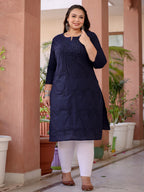 Yufta Navy Blue Floral Plus Size Chikankari Kurti Women | Grocsy