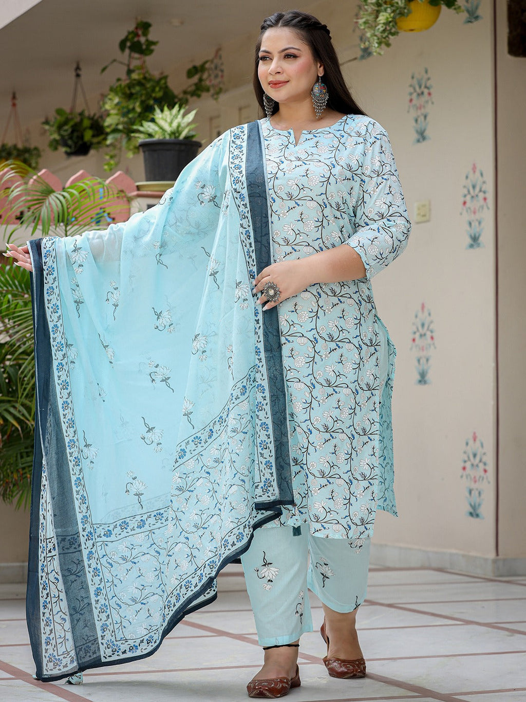 Yufta Plus Size Floral Cotton Kurta Dupatta Set | Grocsy