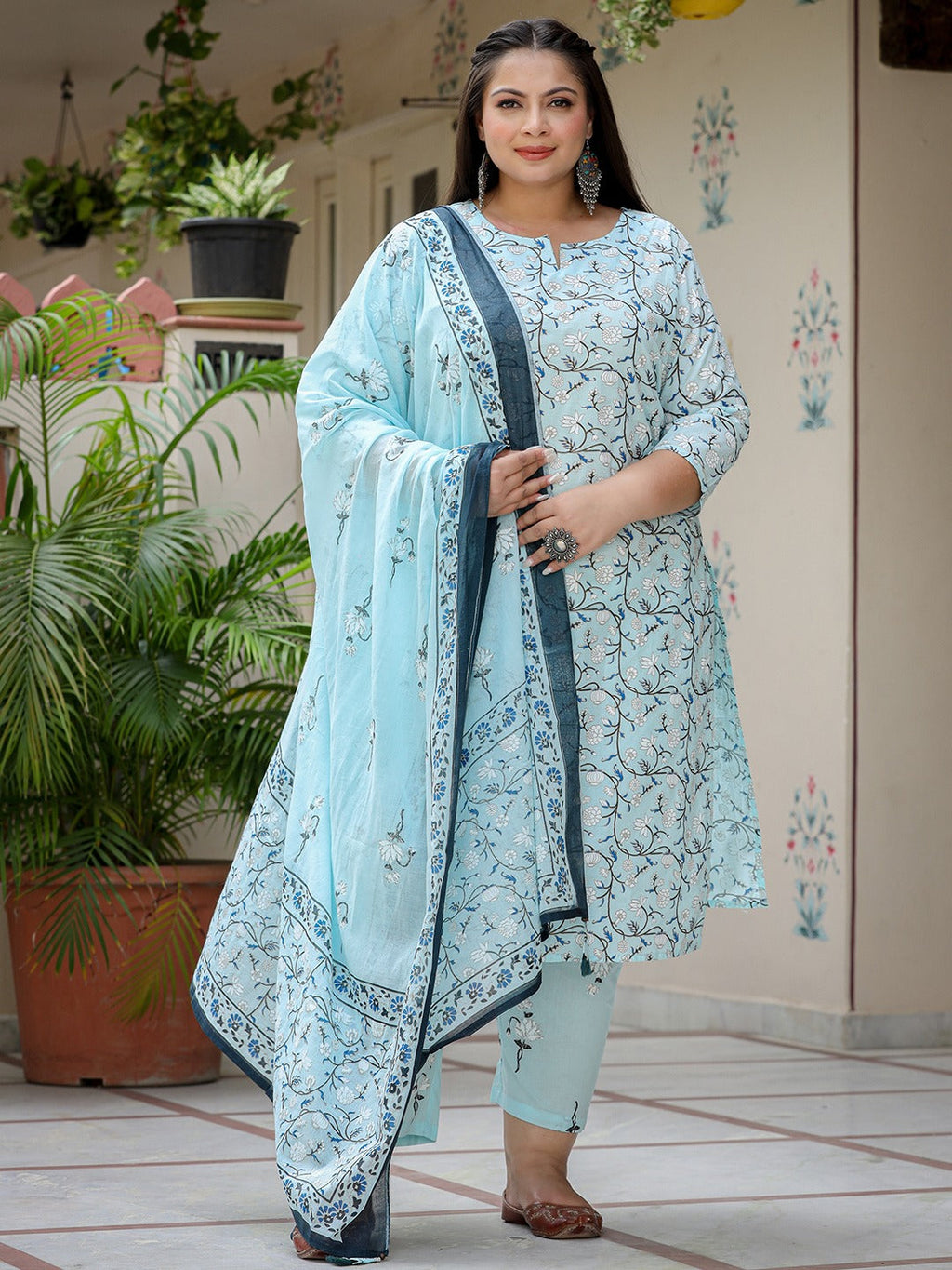 Yufta Plus Size Floral Cotton Kurta Dupatta Set | Grocsy