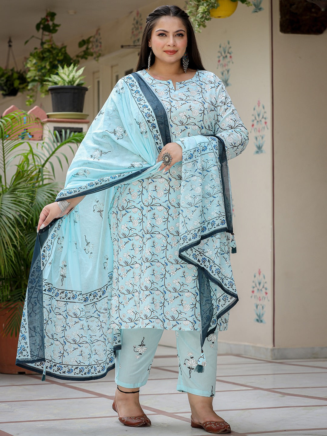 Yufta Plus Size Floral Cotton Kurta Dupatta Set | Grocsy