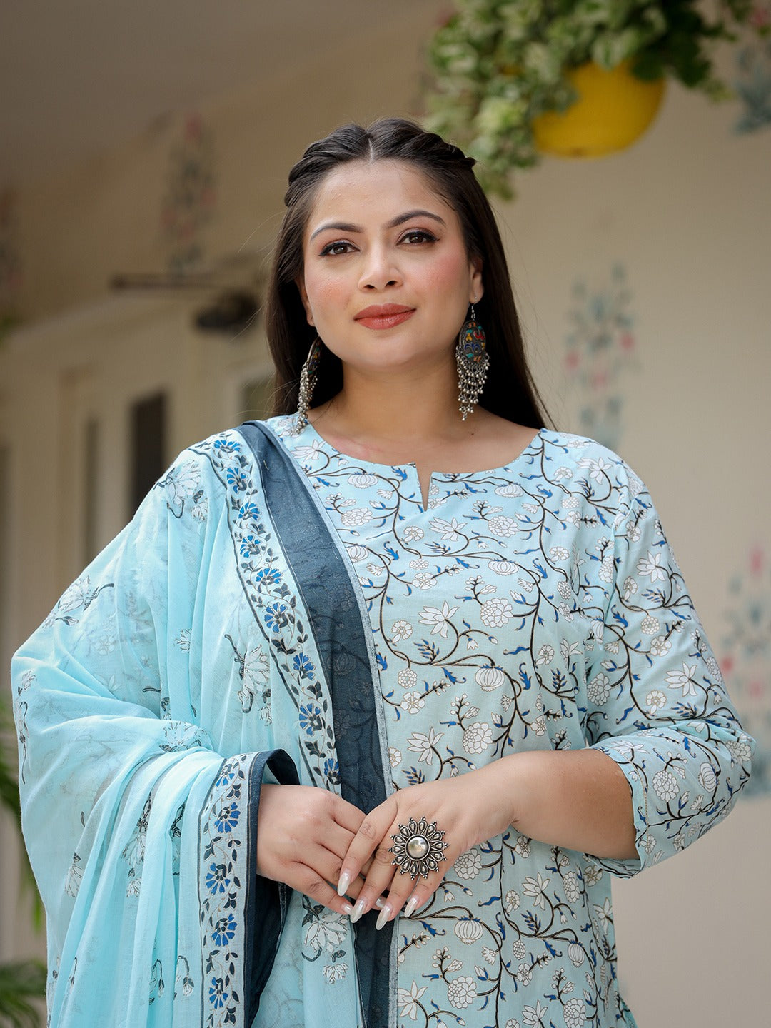 Yufta Plus Size Floral Cotton Kurta Dupatta Set | Grocsy