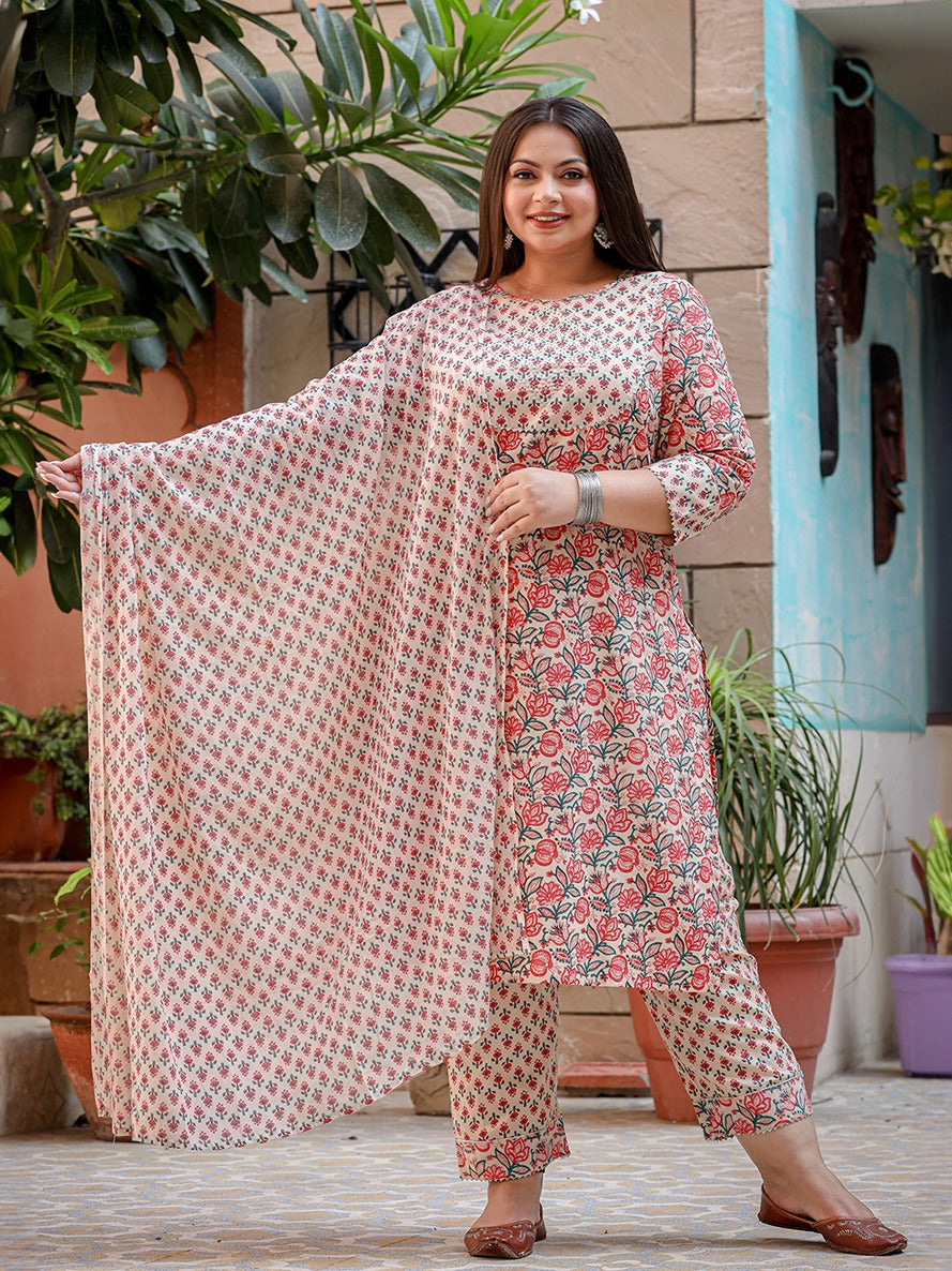 Yufta Plus Size Floral Printed Regular Pure Cotton Kurta with Trousers & Dupatta | Grocsy