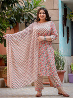Yufta Plus Size Floral Printed Regular Pure Cotton Kurta with Trousers & Dupatta | Grocsy