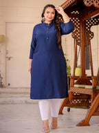 Yufta Blue Plus Size Kurta With Mandarin Collar | Grocsy