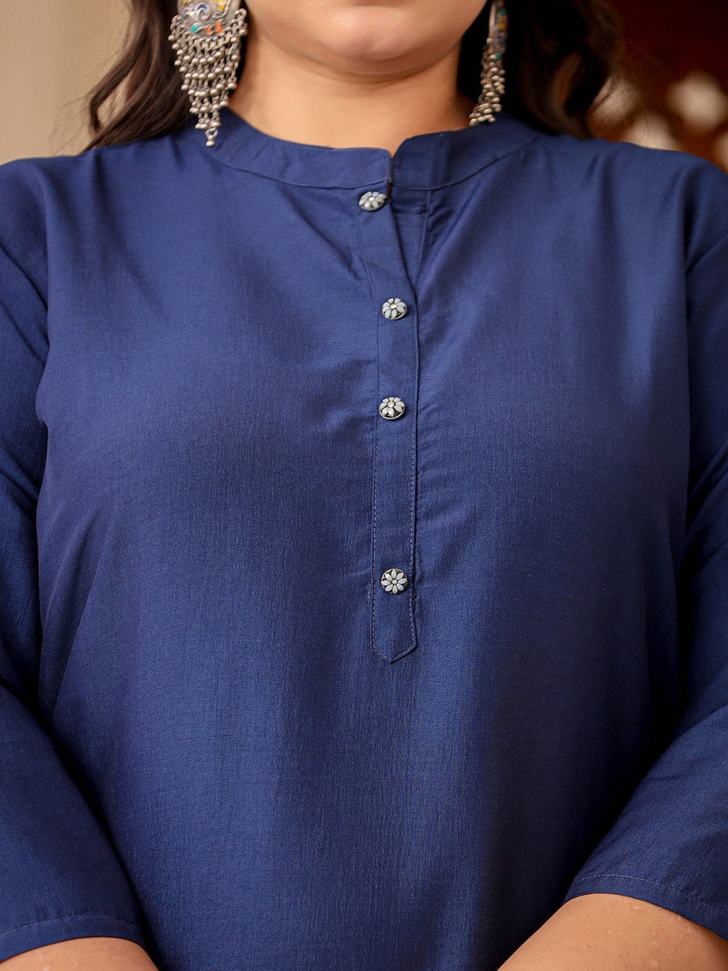 Yufta Blue Plus Size Kurta With Mandarin Collar | Grocsy