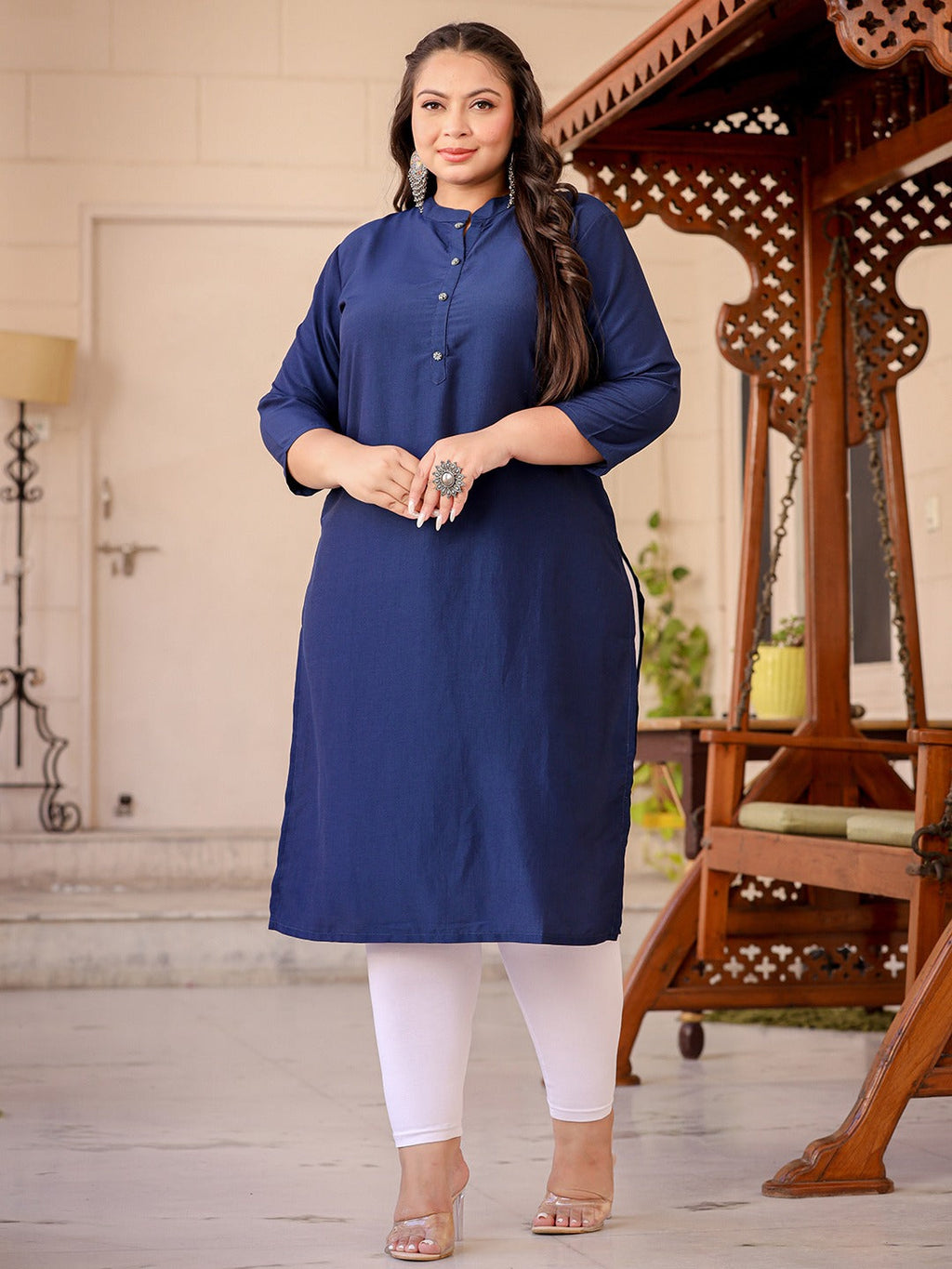 Yufta Blue Plus Size Kurta With Mandarin Collar | Grocsy