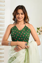 Vastranavya Green Digital Printed Linen Ready To Wear Designer Saree with Unstitched Blouse | Grocsy