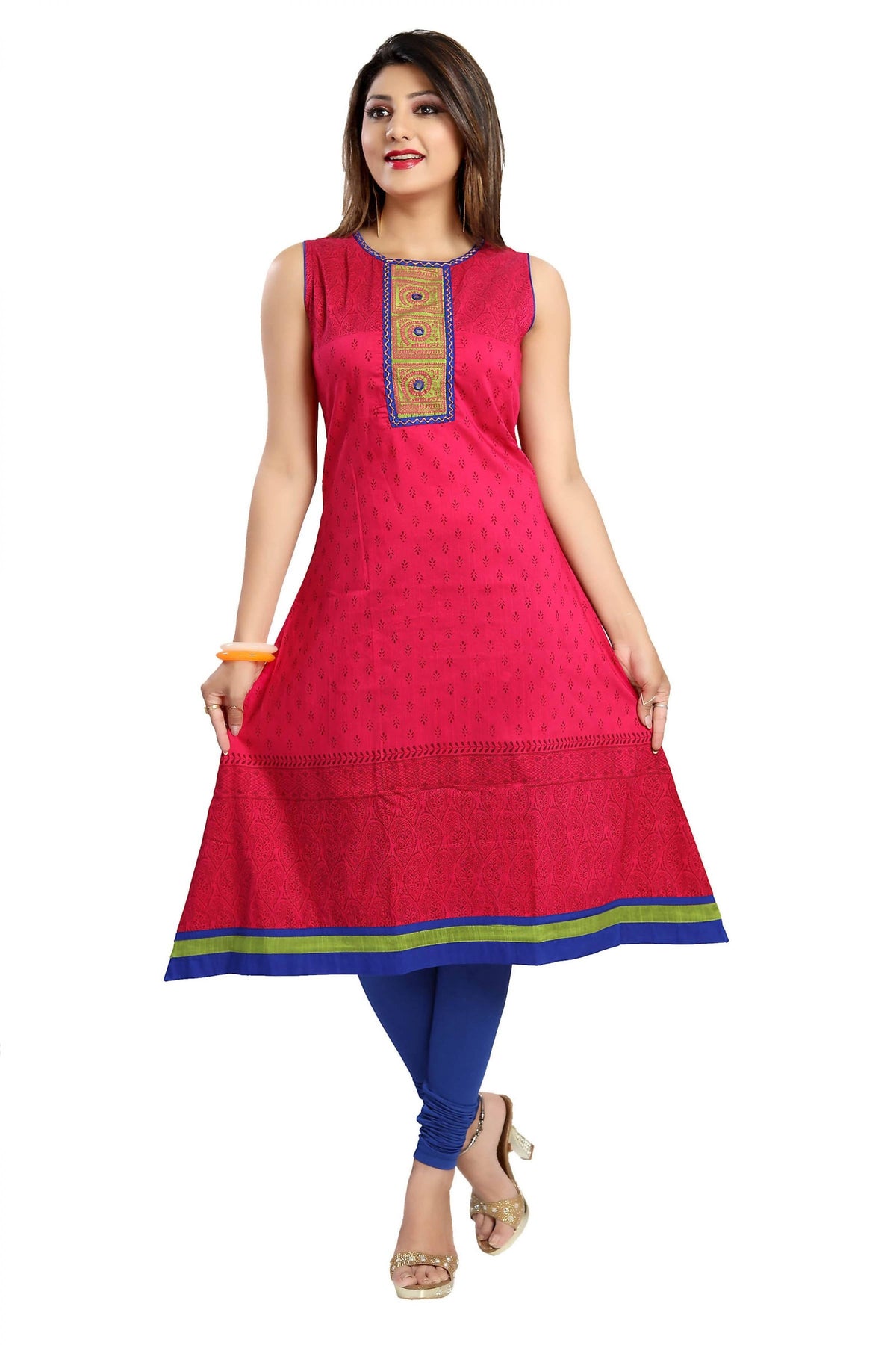 Snehal Creations Bold And Blast Hot Pink Raw Silk Sleeveless Kurti Tunic | Grocsy