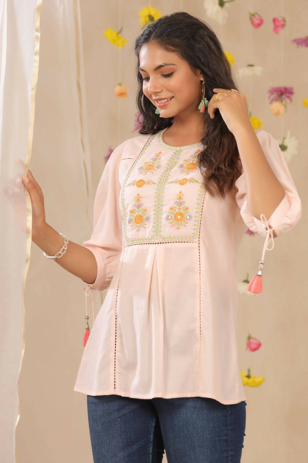 Juniper Women Peach Cotton Dobby Embroidered A-Line Tunic | Grocsy