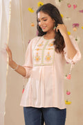 Juniper Women Peach Cotton Dobby Embroidered A-Line Tunic | Grocsy