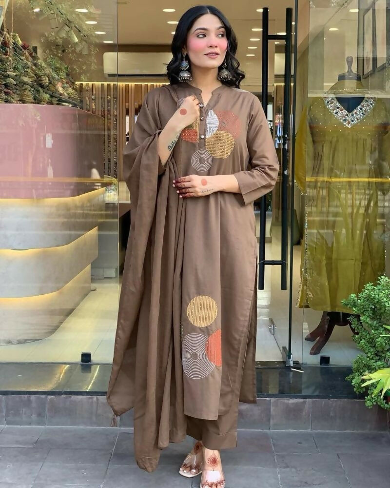 Teeya Creation Women Brown Geometric Embroidered Straight Kurta with Pants and Dupatta Set | Grocsy