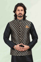 Raivat Ethnic Jacquard Banarasi Silk Woven Work 3 Pics Jacket Set In Black Colour | Grocsy