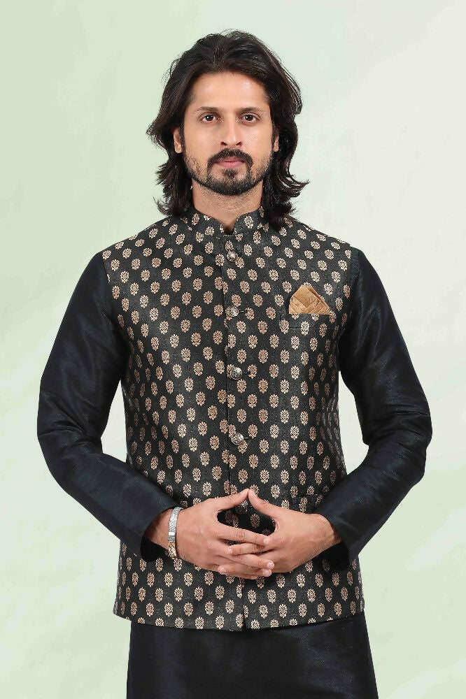 Raivat Ethnic Jacquard Banarasi Silk Woven Work 3 Pics Jacket Set In Black Colour | Grocsy