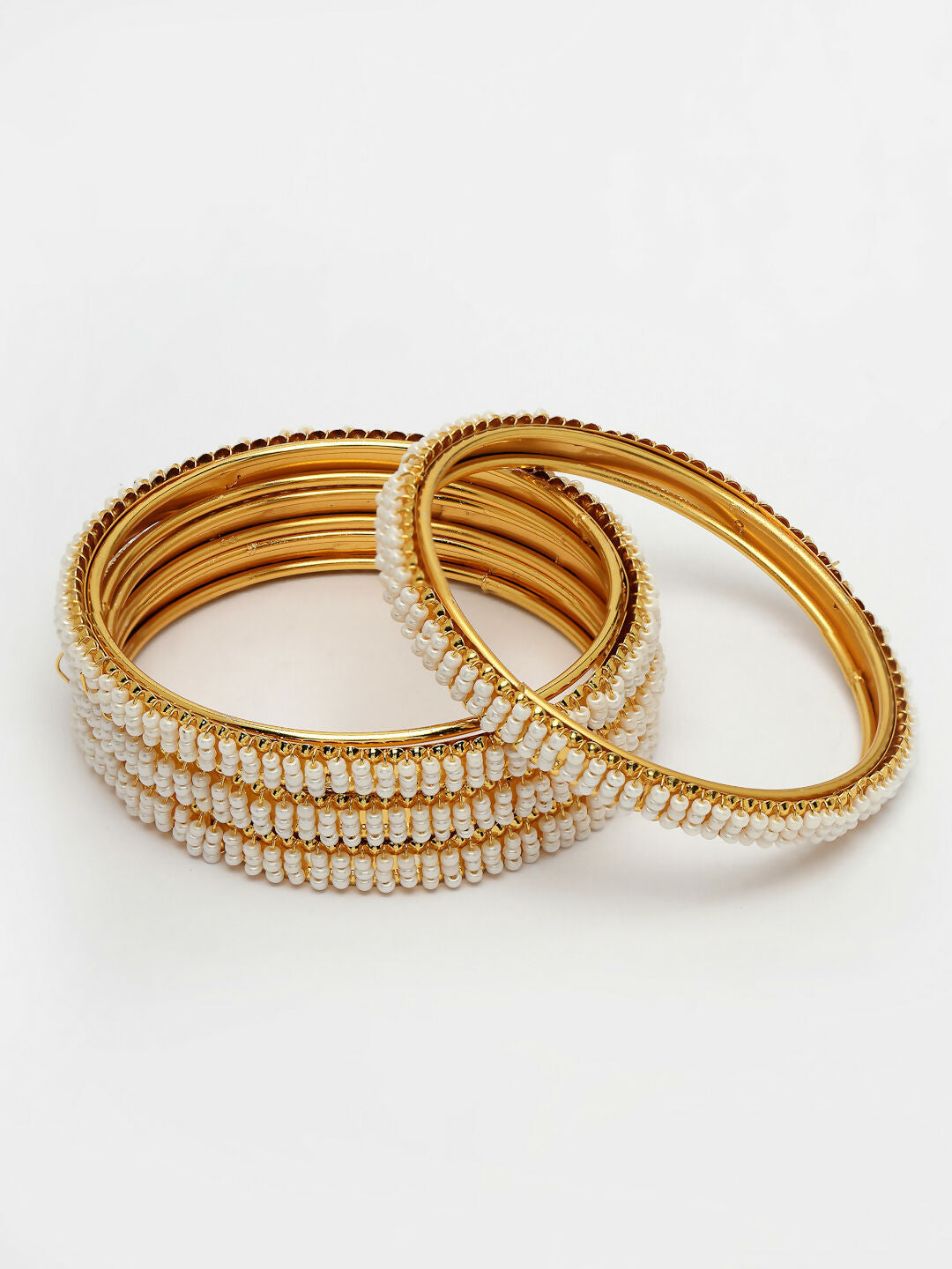 NVR Women's Set of 4 Gold-Polished Pearl Handcrafted Traditional Bangles | Grocsy