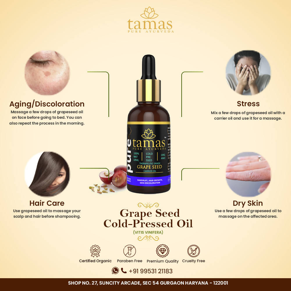 Tamas Pure Ayurveda 100% Organic Grape Seed Cold Pressed Carrier Oil- USDA Certified Organic- 30ML | Grocsy