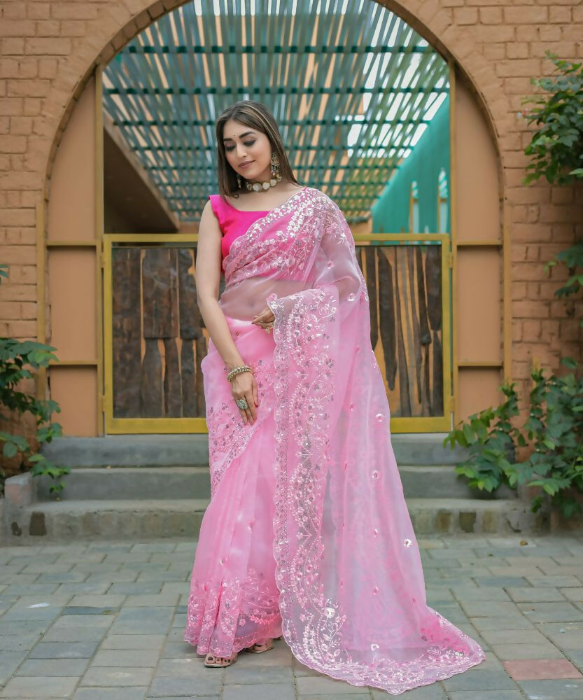 Vamsee Kiki Baby-Pink Organza Saree | Grocsy