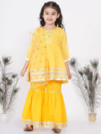 Little Bansi Girls Cotton Gotta Patti Kurta frock with Sharara & Dupatta - Yellow | Grocsy