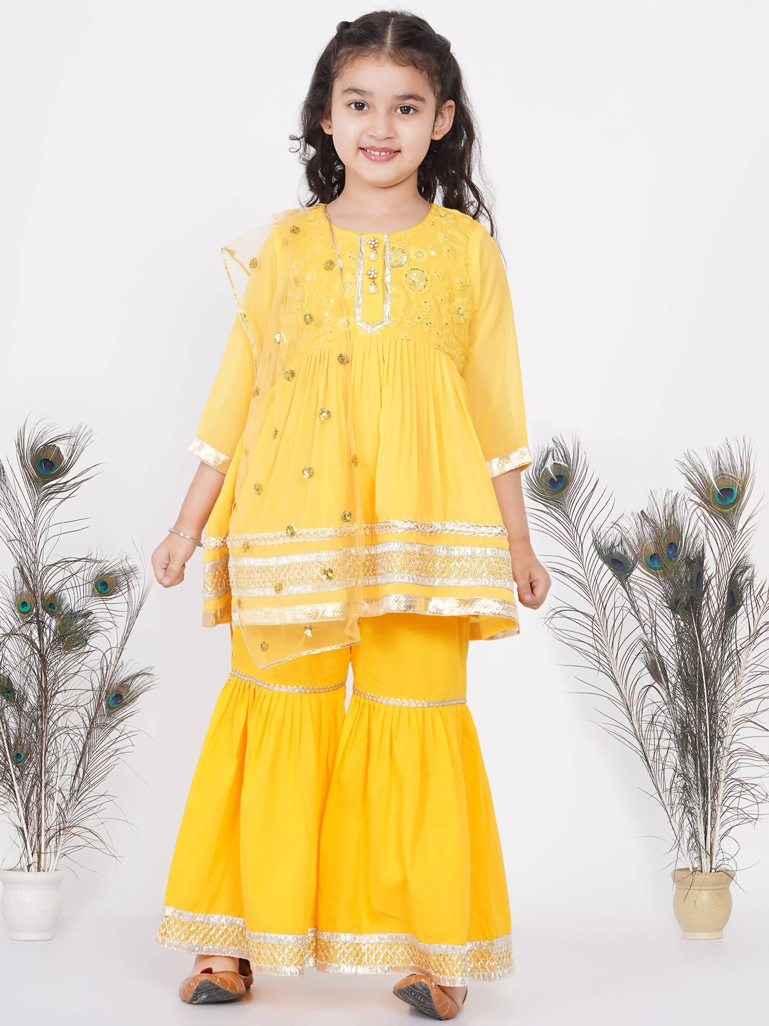 Little Bansi Girls Cotton Gotta Patti Kurta frock with Sharara & Dupatta - Yellow | Grocsy