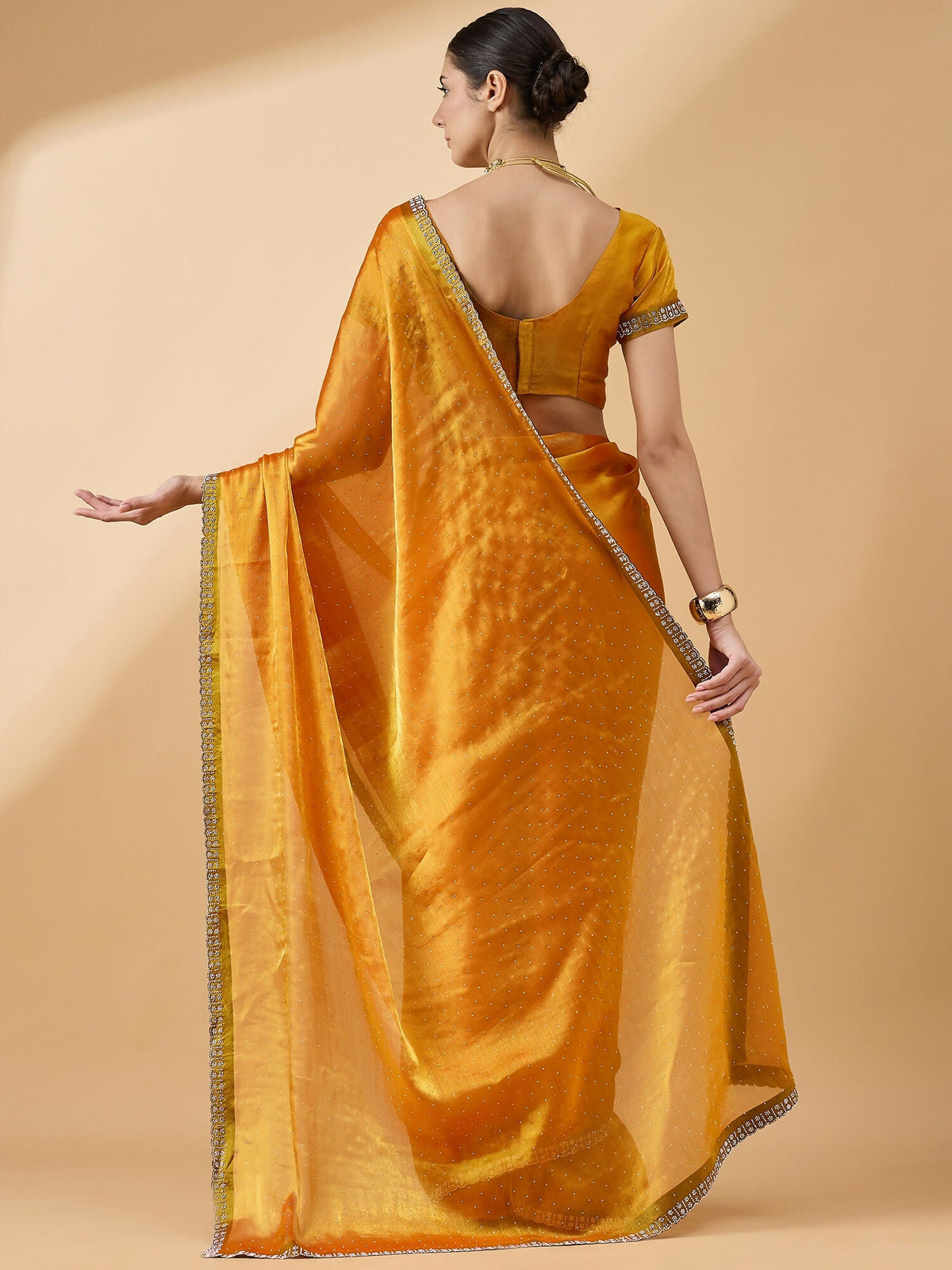 Mustard Organza Swaroski Diamond Work Saree with Unstitched Blouse - Radha | Grocsy