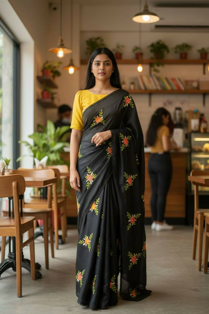 Teeya Creation Black Rangoli Silk Embroidery Work Party Wear Designer Saree | Grocsy