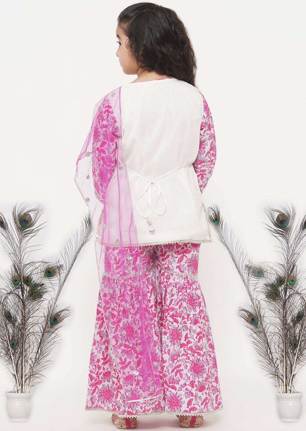 Little Bansi Girls Cotton Embroidery Kurta with Floral Sharara with Dupatta - White & Pink | Grocsy
