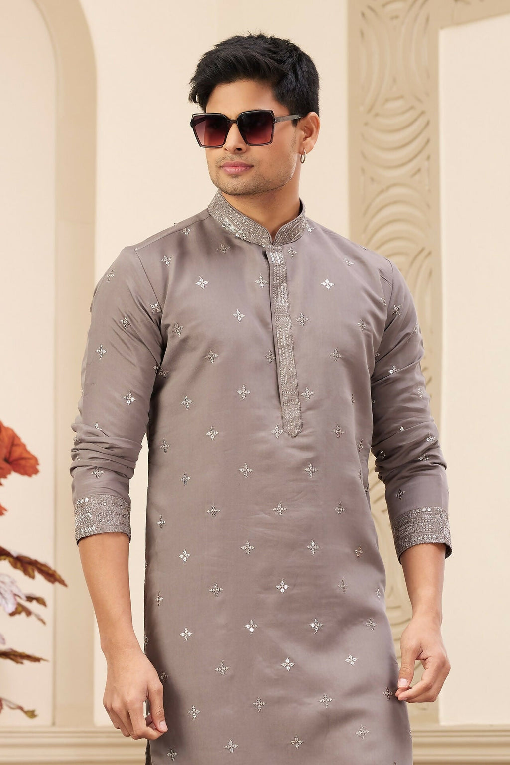 Raivat Ethnic Men's Art Silk Thread Work Kurta Pyjama In Brown Colour | Grocsy
