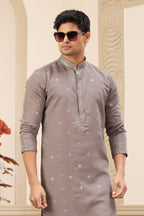 Raivat Ethnic Men's Art Silk Thread Work Kurta Pyjama In Brown Colour | Grocsy