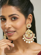 Nuyug 22K Gold-Plated Elegant Ruby & Kundan Stone Studded With Pearl Beaded Floral Chandbalis | Grocsy