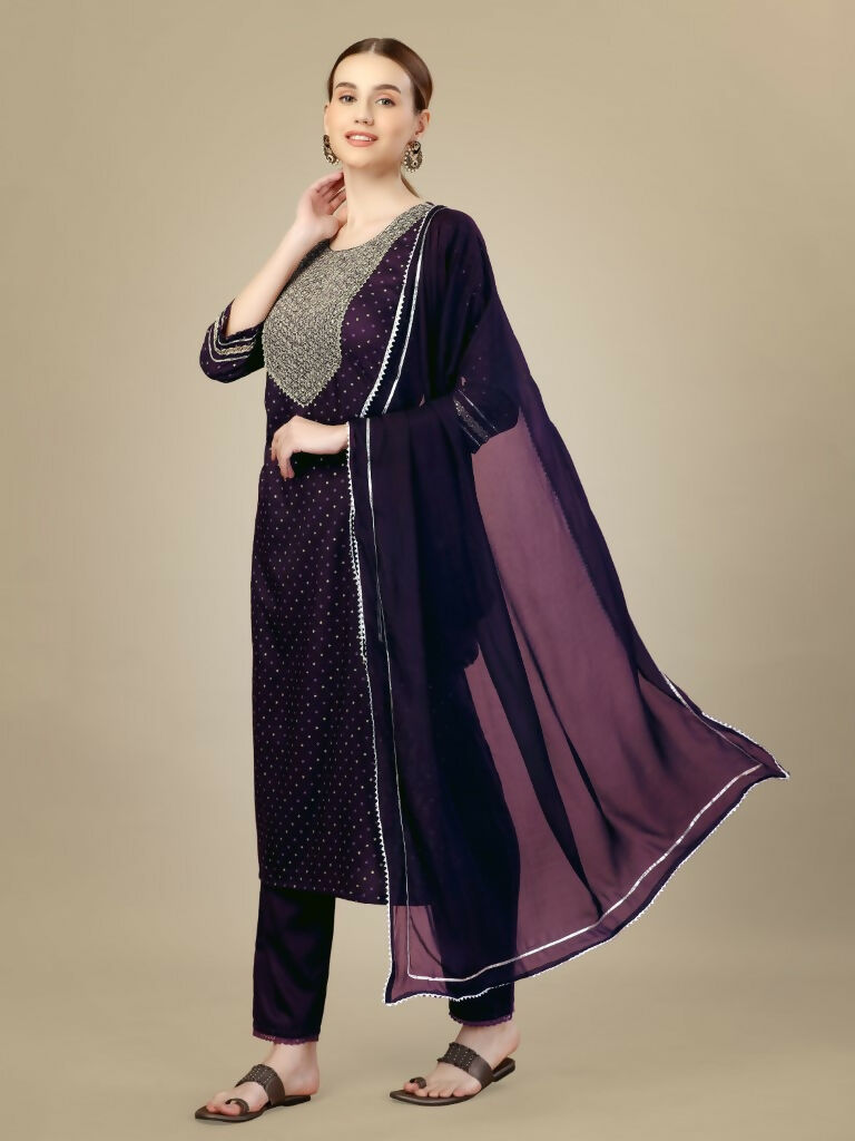 Jyoti Fashion Women's Purple Silk Blend Embroidery & Sequence work Kurta with Trouser & Dupatta | Grocsy