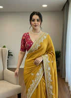 Teeya Creation New Trendy Party Wear Soft Satin Chiffon Saree-Yellow | Grocsy