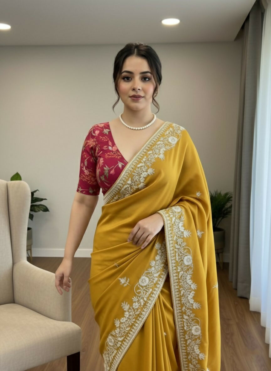 Teeya Creation New Trendy Party Wear Soft Satin Chiffon Saree-Yellow | Grocsy