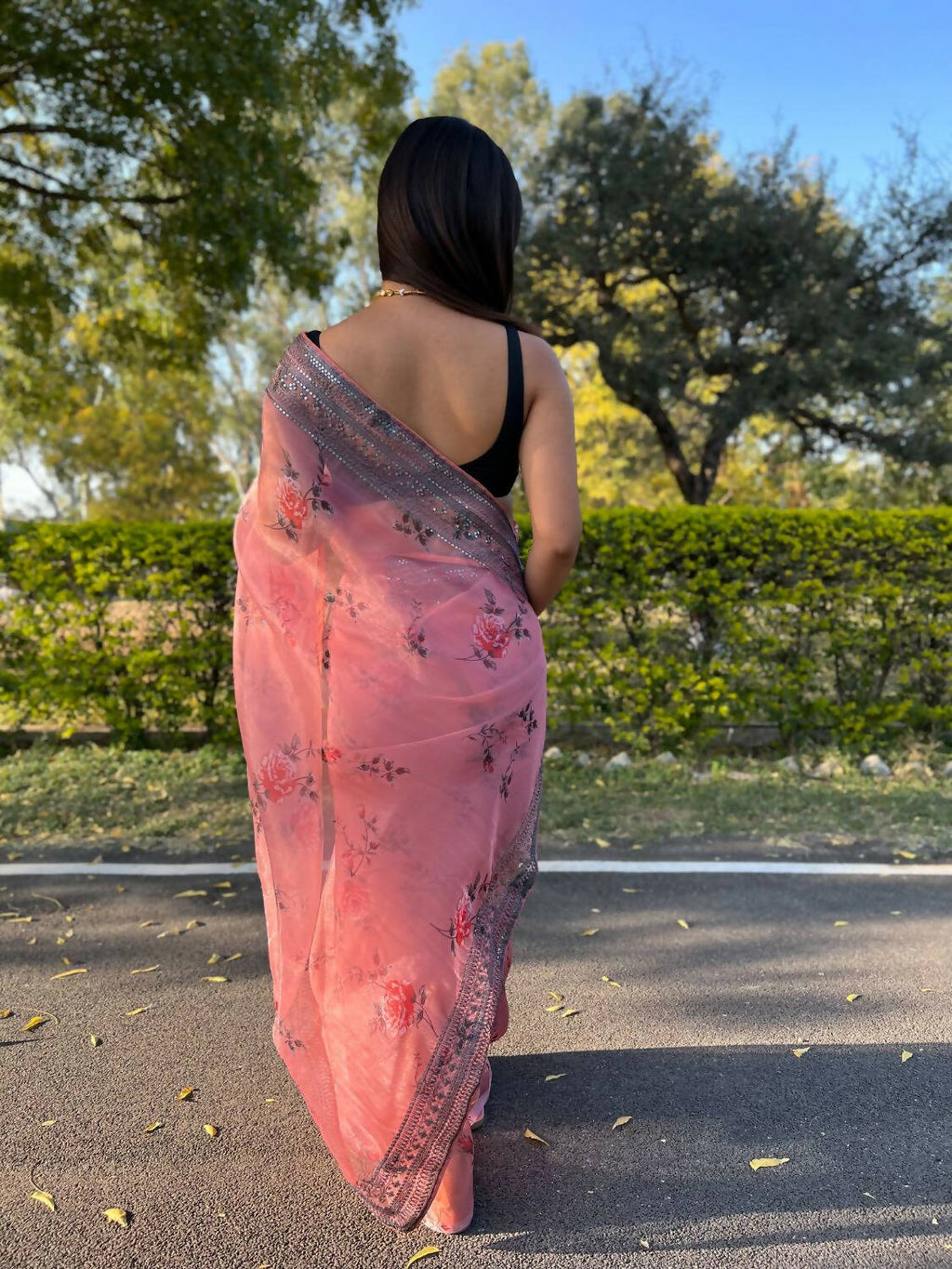 Vamsee Peach Organza Saree | Grocsy