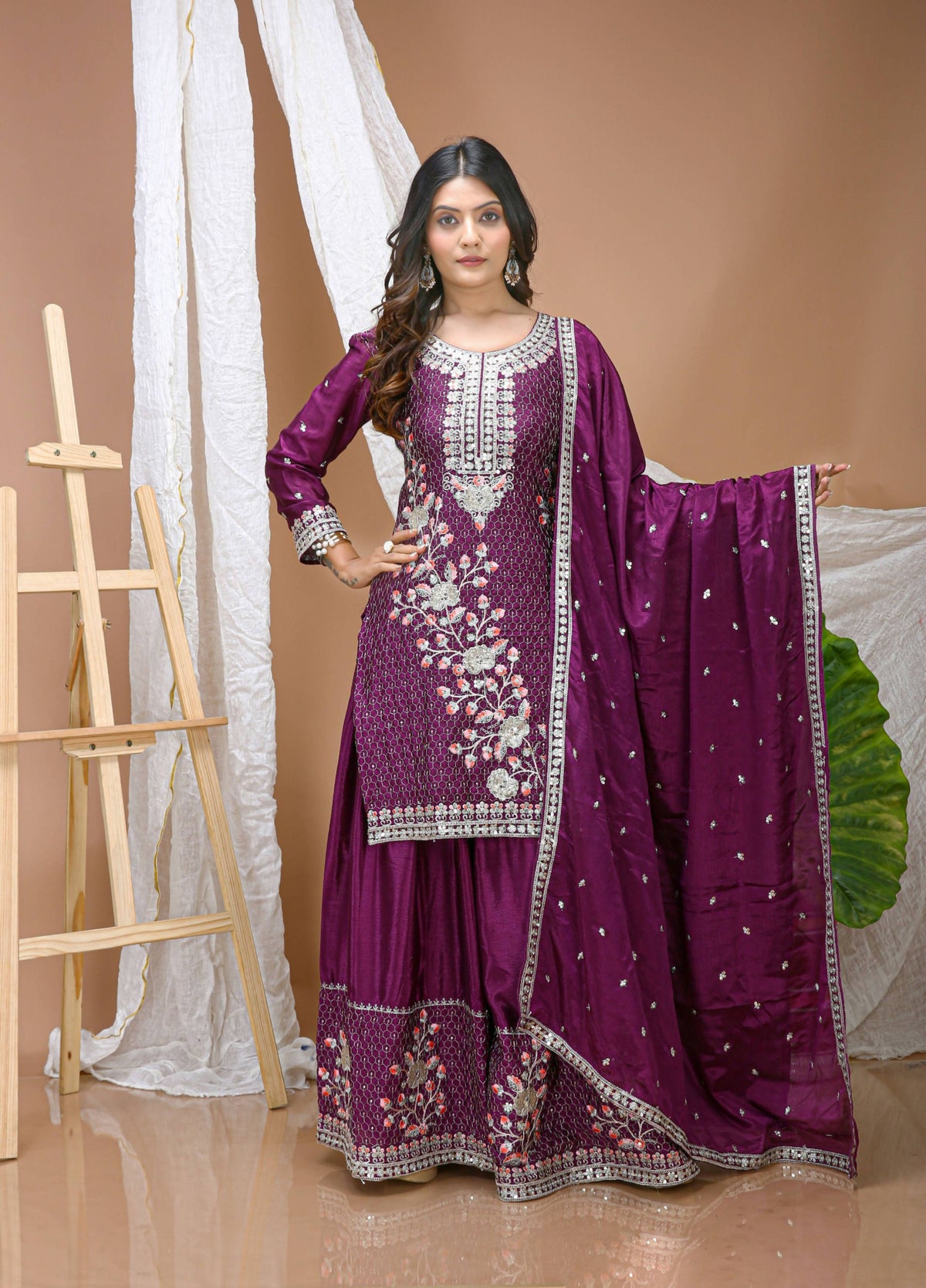 Lehenga Mart Designer Sharara Suit With Kurta, Sharara, Dupatta For Women-Wine | Grocsy