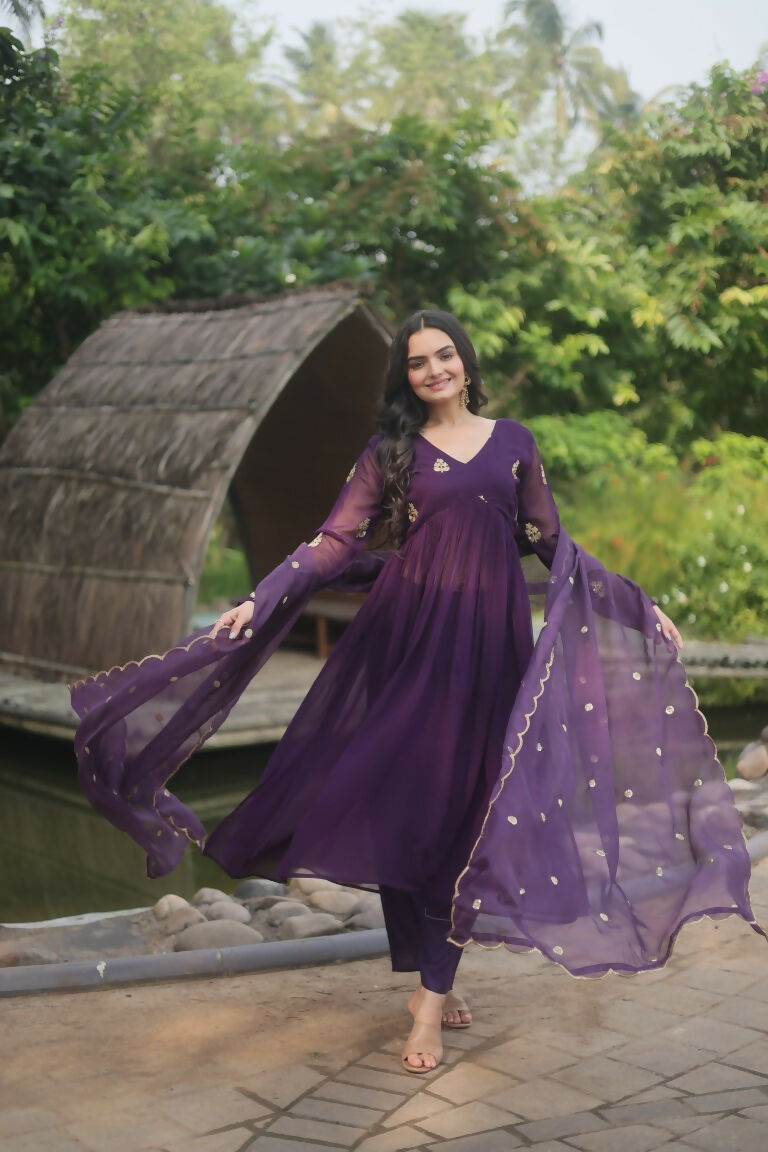 Jyoti Fashion Women's Wine Faux Blooming Embroidered Kurta with Trouser & Dupatta | Grocsy