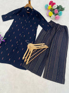 Teeya Creation Stylish Navy Blue Cotton Kurta With Geometric Print And Matching Palazzos | Grocsy