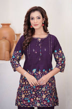 Teeya Creation Wine Floral Printed Short Kurta With Straight Pants Co-Ord Set | Grocsy