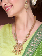 NVR Women's Gold-Polished Pink & Green Stone-Studded Peacock Design Temple Jewellery Set | Grocsy