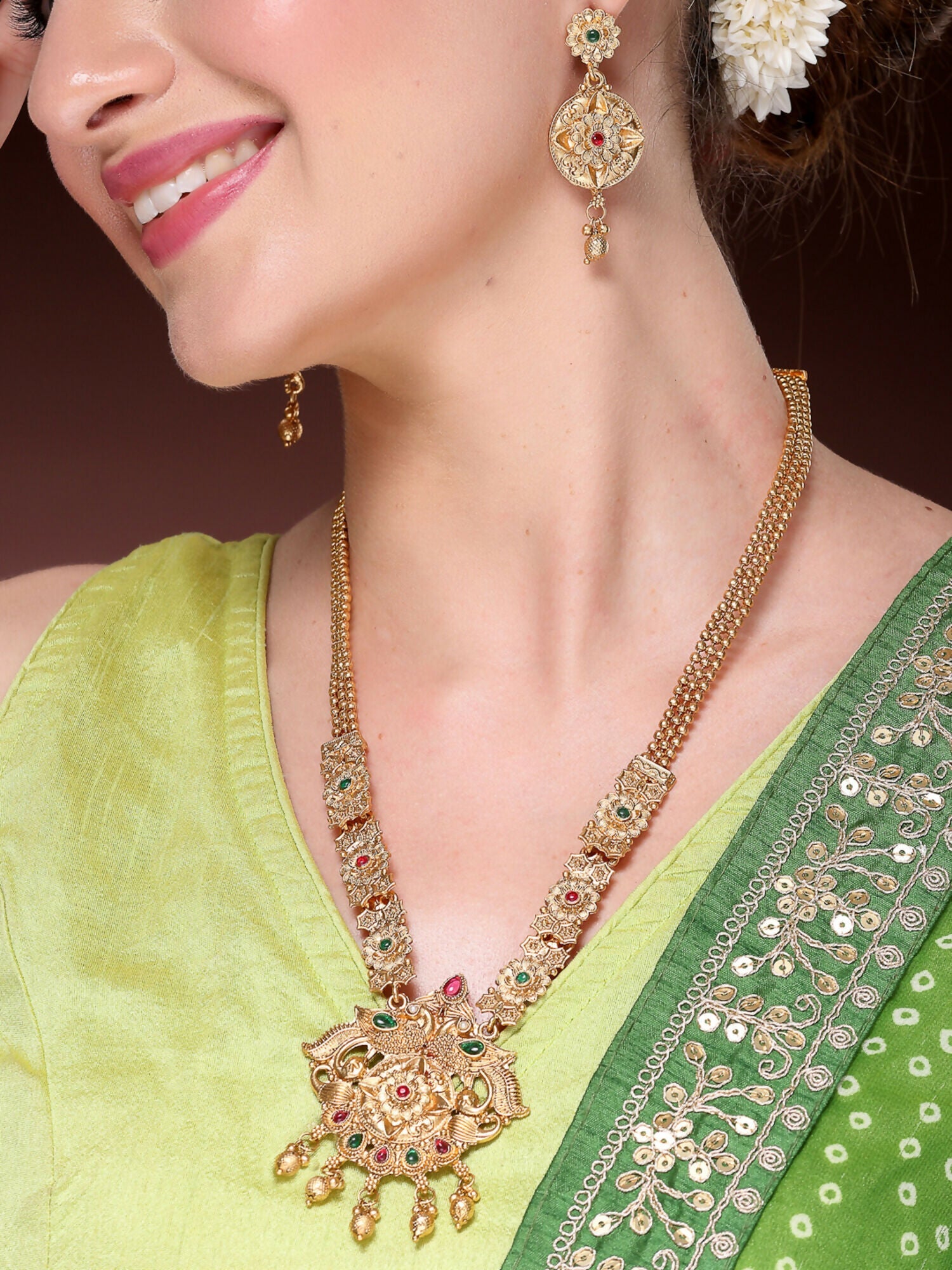NVR Women's Gold-Polished Pink & Green Stone-Studded Peacock Design Temple Jewellery Set | Grocsy