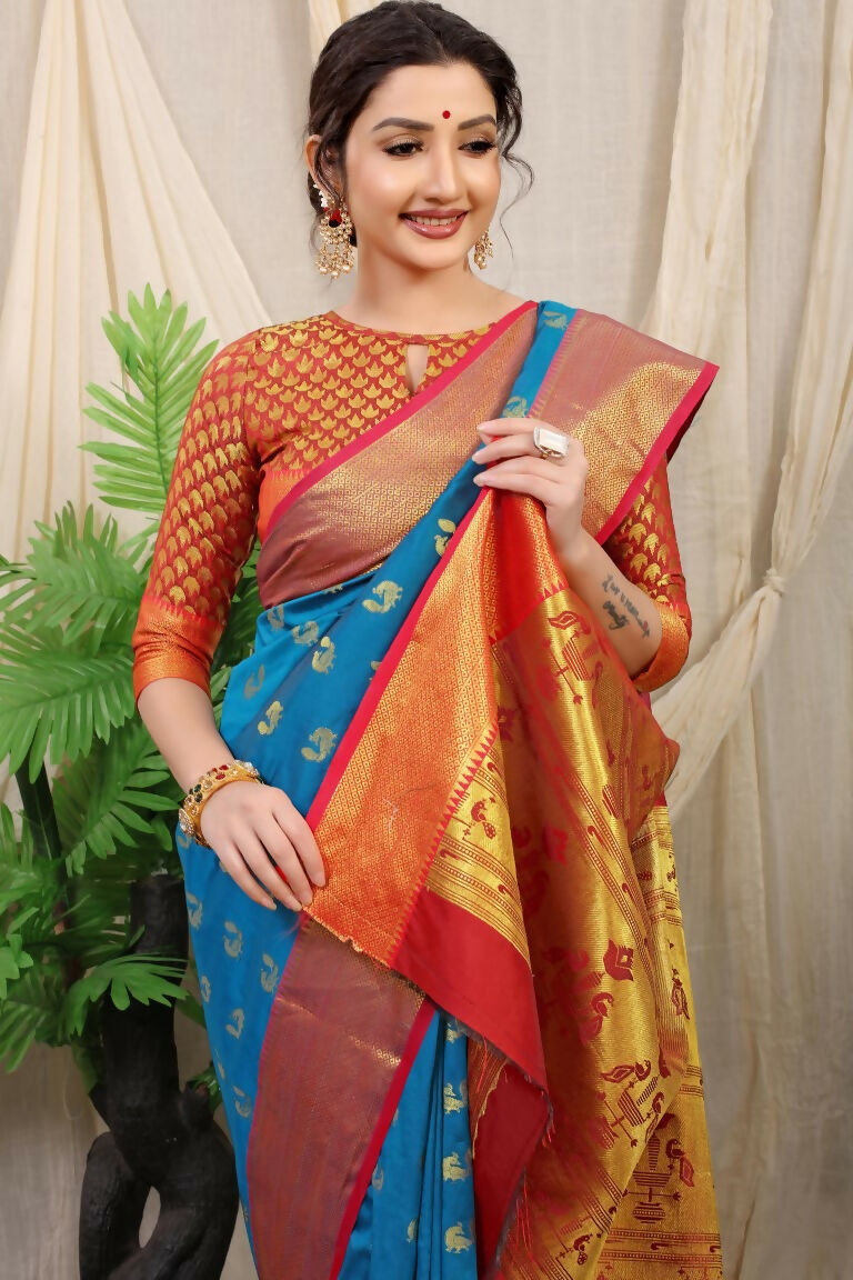 Jyoti Fashion Women's Firozi Banarasi Silk Zari Woven Saree with Blouse | Grocsy