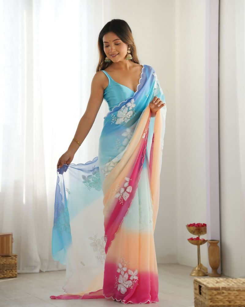 Sky Blue Georgette Pedding Color, Embroidery Work Party Wear Saree - Erisha | Grocsy