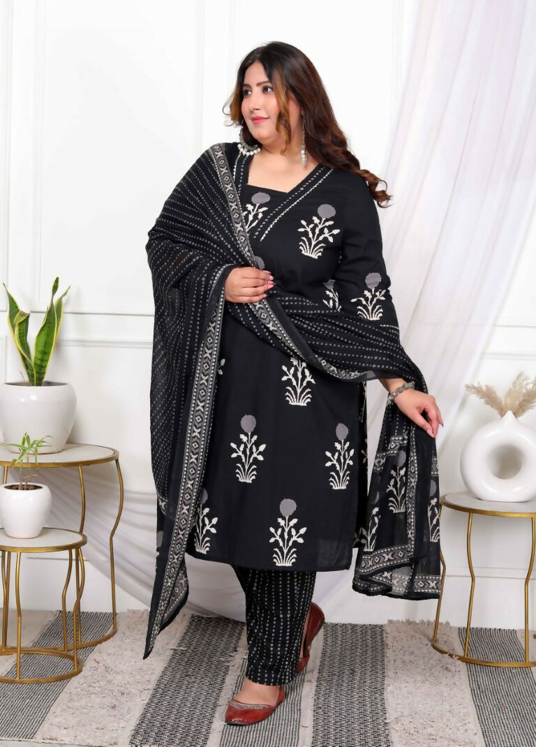 Miravan Women's Plus Size Cotton Gota Patti Black Floral Printed Straight Kurta Palazzo With Dupatta Set | Grocsy
