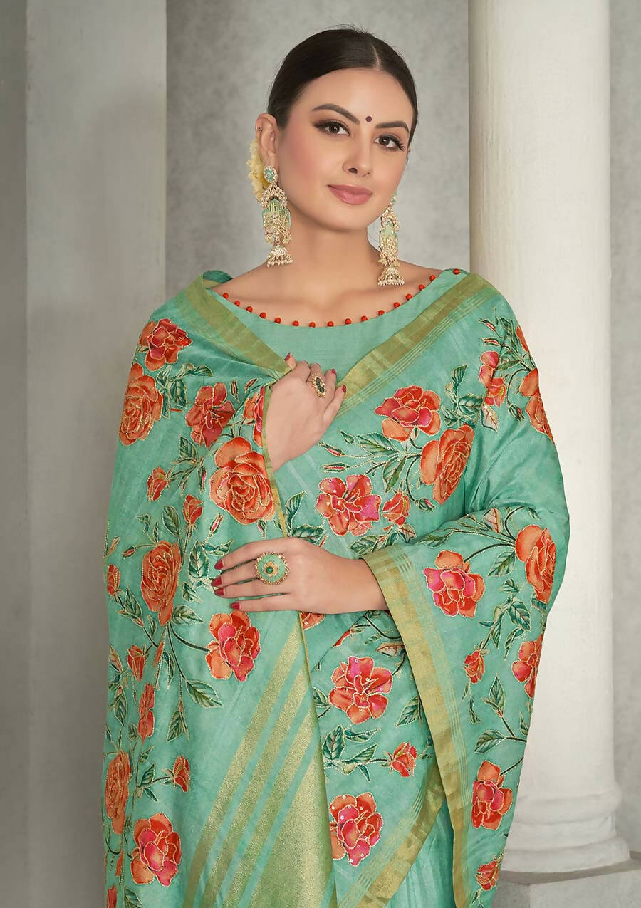 Sea Green Rangkat Tussar Silk Woven Design Saree with Unstitched Blouse - Mohmanthan Eshani | Grocsy