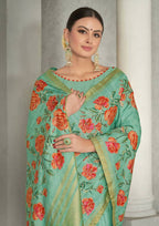 Sea Green Rangkat Tussar Silk Woven Design Saree with Unstitched Blouse - Mohmanthan Eshani | Grocsy