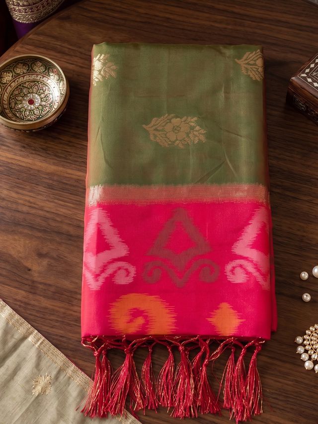 Shree Shyam Fashion Olive Green & Red Woven Work Soft Silk Fabric Festive Wear Saree With Blouse | Grocsy