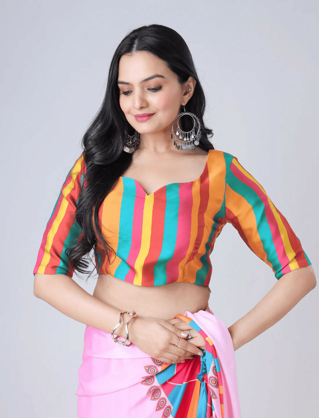 Vastranavya Baby Pink Ready to Wear Festive Print Free Hand Saree | Grocsy