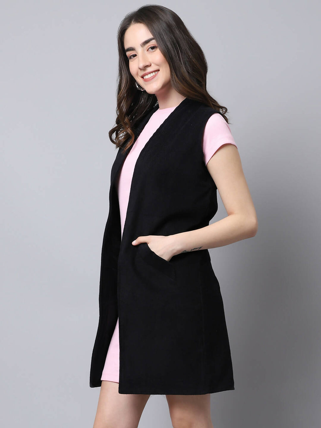 Even Apparels Black Polywool Open Front Corduroy Women's Long Coat | Grocsy