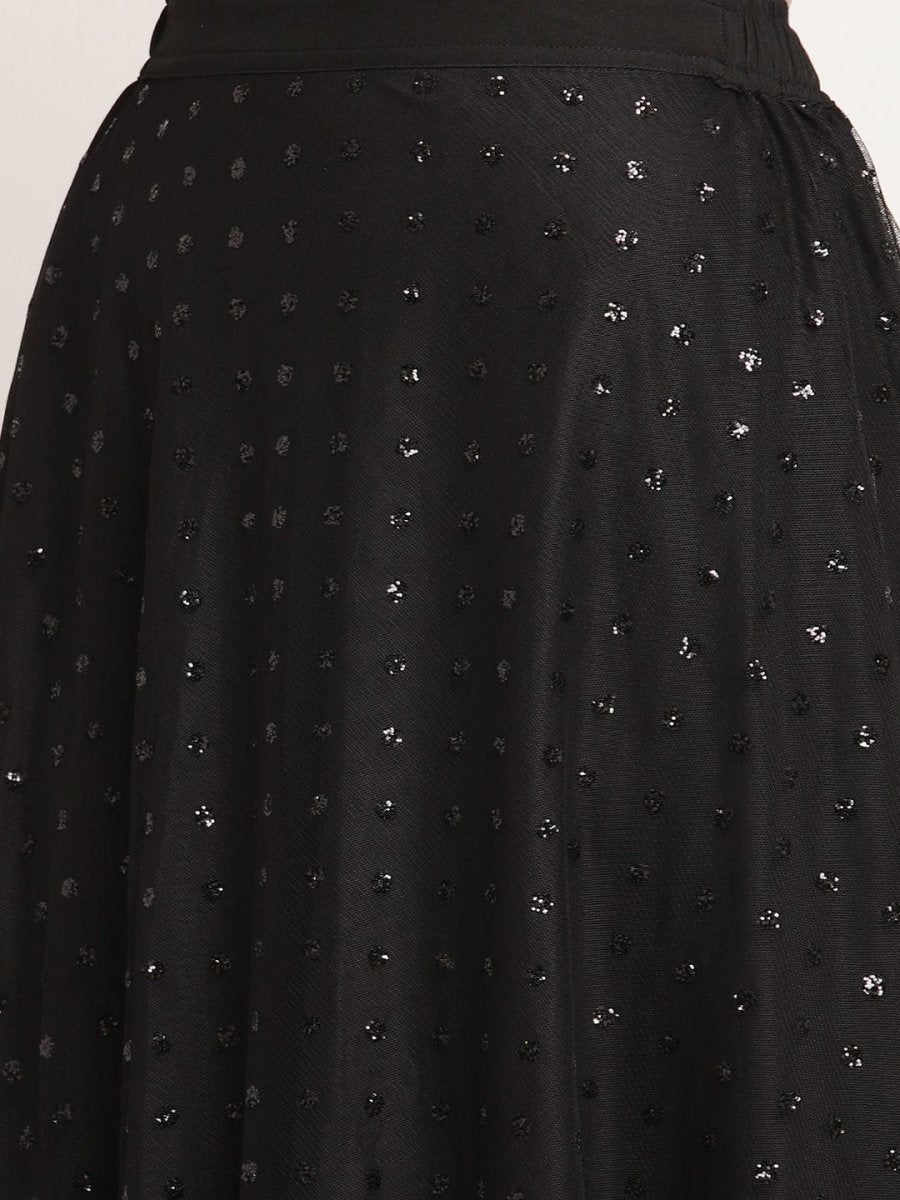 Ahalyaa Women's Black Net Glitter Print Top Skirt Set With Dupatta | Grocsy